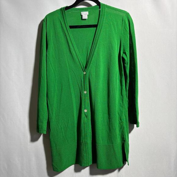 Chicos Kelly Green‎ V Neck Cardigan Size 1 Buttons Santana Knit Bright Elegant * - Picture 1 of 10